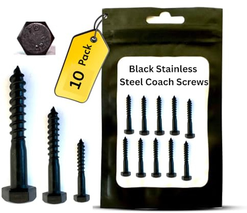 M6 x 50mm Black Stainless Steel Coach Screws – Heavy Duty Hex Head Fixing Bolts for Wood, Masonry, Brick, Concrete & TV Wall Mounting – 10 Pack