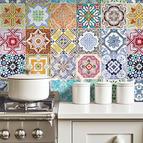 20pcs Colourful Moroccan Tile Stickers, Kitchen Bathroom Wall Tile Stickers Peel and Stick on Tile Transfers Covers Decals Self Adhesive Vinyl Waterproof Shabby Chic Mosaic (15cm x 15cm, 6x6 inches)