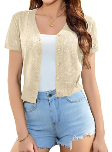 Totatuit Suéter Bolero Mujer Chic Tricot Cardigan Corto Manga Corta con Botones Abrigo Abierto Elegante para Boda Playa Vestido Verano Beige S