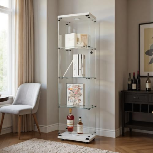 WOBOPCG Vitrinskåp, glas, vitrinskåp med LED-belysning, glasskåp, monter modern stående vitrinskåp för vardagsrum, kontor, samlarduk, bokcher vin (4 édagar 1 port + LED, vit)