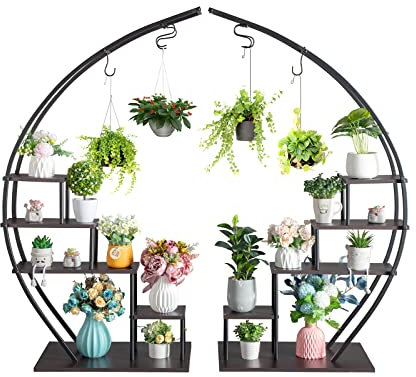 LEADZM Halbmondförmig Pflanzenständer lot de 2 Blumenständer, Metall Holz Blumenhocker Blumentreppe Blumenregal, Blumentopf Ständer Pflanzentreppe für Balkon Garten Wohnzimmer (Schwarz, 2)