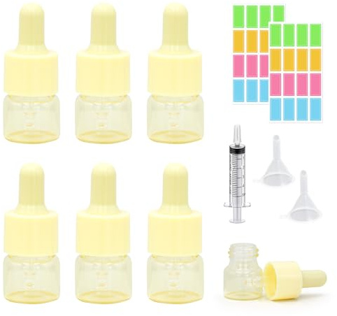 Mehrfarbig Mini Pipettenflasche,6 Stück 5ml Mini Glasflasche mit Tropfpipette nachfüllbarer kleiner Probenfläschchen Apothekerflasche Pipette Flasche Für Öle Aromatherapie Ätherisches (Gelb, 5ml)