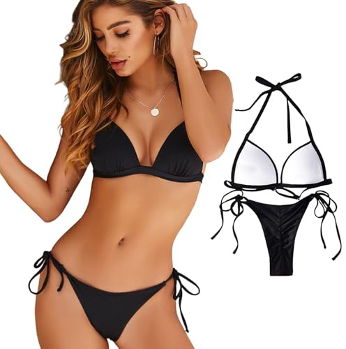 Anseom Set Bikini a Due Pezzi, Top Bikini Triangolo Sexy con Inferiore Tie Laterale, Costume da Bagno Push Up per Donna (IT, Testo, S, Regular, Regular, Nero)
