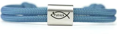 komimar Personalisiertes Surfer Armband mit Fisch Symbol und persönlicher Namensgravur Konfirmation Kommunion Taufe Weihe Ostern Geschenke Edelstahl Jungs Mädchen GROßE FARBAUSWAHL