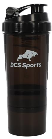 DCS Sports Shaker à protéines 500 ml avec compartiment à poudre de 150 ml, organisateur de comprimés, couvercle à visser