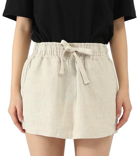 CLSEN Women 100% Linen Skirt Micro Mini Length High Waist Drawstring Pockets Casual Summer (US, Alpha, Medium, Regular, Regular, Sand)