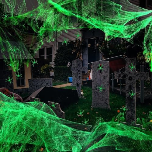 YushengTai Telarañas Halloween Luminoso 220g con 30 Arañas Falsas, Tela de Araña Decoracion Halloween Casa y Exterior, Adornos de Terror para Fiesta y Jardín Aterrador