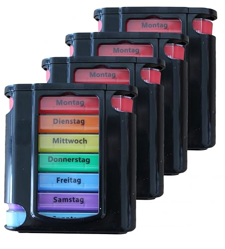 KAMACA 4-pack (= 4 stycken) praktisk medicindoserare 28 dagar med 4 fack per dag, pillerlåda, tablettlåda, veckodoserare (set om 4 – 4 veckor – svart)