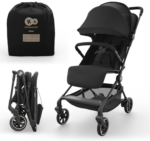 Kinderkraft NEBO passeggino da cabina ultraleggero, chiusura a una mano, resta in piedi da chiuso, 51×43×21 cm, tracolla e borsa, posizione distesa, cinture 5 punti, Nero