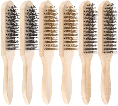 6 Pcs Cepillo de Alambre, Cepillo Metalico Limpieza, Cepillos de Alambre de Acero Inoxidable con Mango de Madera para Eliminar óxido, Limpiar Pintura y Escoria de Soldadura