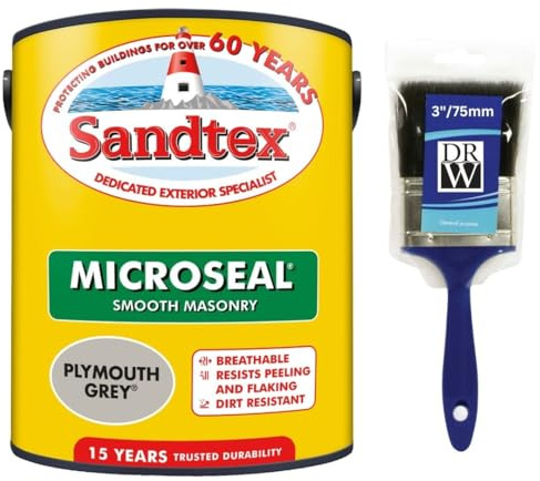 Plymouth Grey Microseal Smooth Masonry Paint 5L+3 Brush | Exterior Wall Paint for Brick Render Concrete and Stone | Long Lasting Weather Protection | Smooth Matt Masonry Finish for Exterior Walls