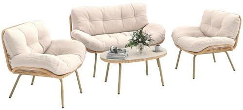 Outsunny Gartenmöbel Set 4-teilig Polyrattan Lounge-Set mit Zweisitzer 2 Sessel Tisch Tiefem Sitz Dicke Kissen Kunststoff-Tischplatte, Balkonmöbel für 4 Personen Sitzgruppe für Garten Balkon Beige