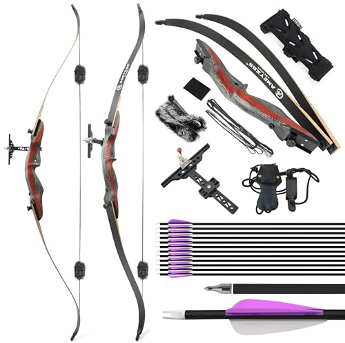 surwolf 62 zerlegbarer Recurvebogen,20–50 lbs Takedown Jagdbogen,traditioneller Bogen,Rechtshand-Langbogen,17 Griff,Bogenschießen & Outdoor (Bogen Set, 25lb)