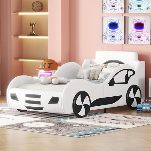 Autobett Kinderbett, 90 x 200, Weiß, mit Unterbettstauraum, Flachbett