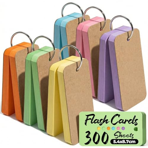 Koogel Flash Cards, 6 Pack 300 Colour Coded Revision Cards with Metal Rings, Portable Stationery Supplies for Exam Study Speech & Daily Planner Lists