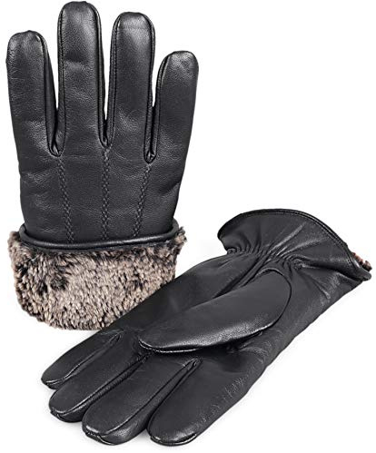 Zavelio Herren Shearling Gefütterte Lederhandschuhe - Premium Schaffell Warme Kaltwetterhandschuhe, Schwarz, Large