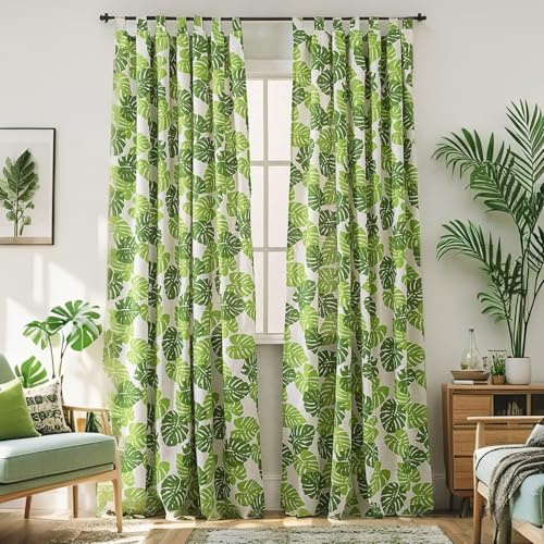 BROSHAN Pflanzenvorhänge für Schlafzimmer, tropisches Palmblatt-Design, Fenstervorhang, Abdunkelungsvorhang und Vorhänge, grüne Schlaufen, 1 Panel, 140 cm B x 276 cm L