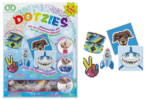 DIAMOND DOTZ DTZ10.002 - Original Diamond Painting Dotzies Set mit 6 Motiven: 2 Bilder 15x15cm, 2 Armbänder, 2 Aufkleber / Sticker, DIY Diamant Komplettset für Kinder ab 8 Jahren, Extra funkelnd, Blau