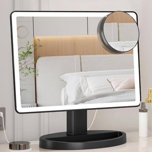 FUNTOUCH Großer Schminkspiegel mit Beleuchtung (XL) 10X Fache Vergrößerung | 3 Farben Beleuchteter Spiegel mit 88 LEDs, 360° Drehbarer Tischspiegel, Tragbarer Tisch Kosmetikspiegel
