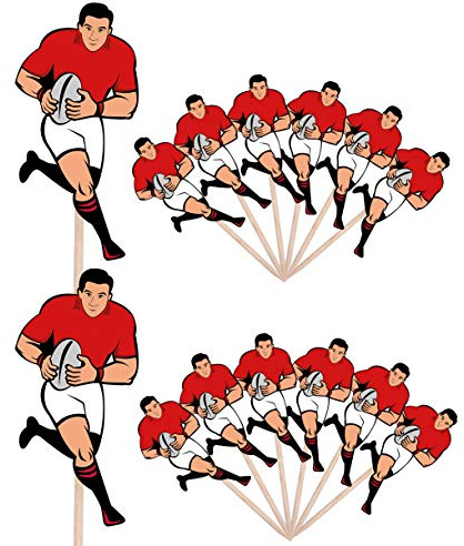 AK Giftshop Rugby Player Red Kit Rugby Events Clubs Birthday Party Food Cake Cupcakes Picks Sticks Flags Decorations Toppers Stand Up Food Flags (pack of 14)