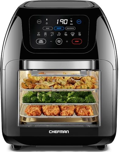 Chefman Multifunktionale Digitale Heißluftfritteuse + Rotisserie, Dörrautomat, Konvektion, 17 Touchscreen-Voreinstellungen, XL 10L Familiengröße, Automatische Abschaltung, Großes Sichtfenster, Schwarz