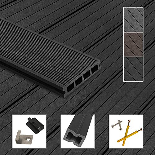 Montafox WPC Terrassendielen 12 m² 2,2 m Komplettset Anthrazit | inklusive Unterkonstruktion, Balkondielen, Holzoptik, Hohlkammerdiele, Clips, UV-beständig, Klicksystem, frostsicher