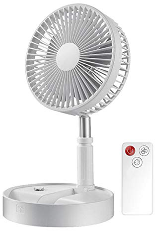 Ventilateur support électrique pliant télescopique, Ventilateur bureau USB portable, avec batterie rechargeable 3600mAh, sur pied réglable, minuterie silencieuse à 4 vitesses/ télécommande (Blanc)