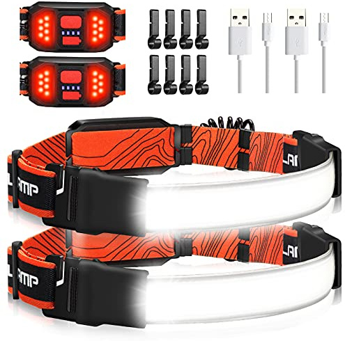 Hopedone 2 Packs Rechargeable Headlamp, 230°Wide-Angle 1000 Lumens Headlamp Flashlight with Red Taillight 3 Light Modes Lightweight LED Head Lamp Adjustable Waterproof Head Light for Running Cycling