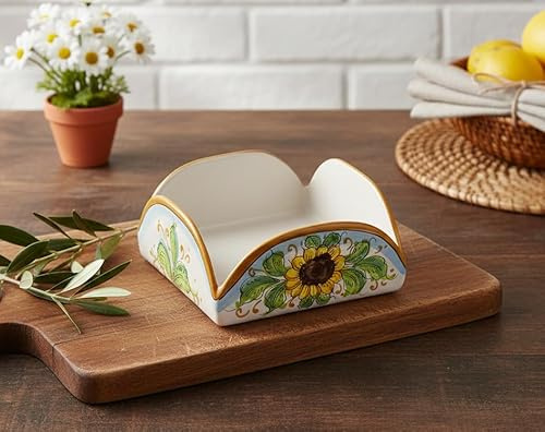 ILAB Quadratische Serviettenringe aus Keramik, handgefertigt von sizilischen Keramikern aus dem Heiligen Stefano von Camastra Sonnenblume Art 9