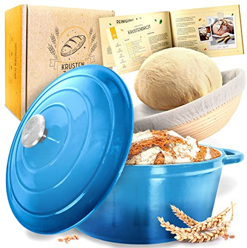 KRUSTENZAUBER Pentola in Ghisa per Pane Con Cestino per Fermentazione - Smaltata di Alta Qualità 26 cm - Ideale per Cottura, Accessori