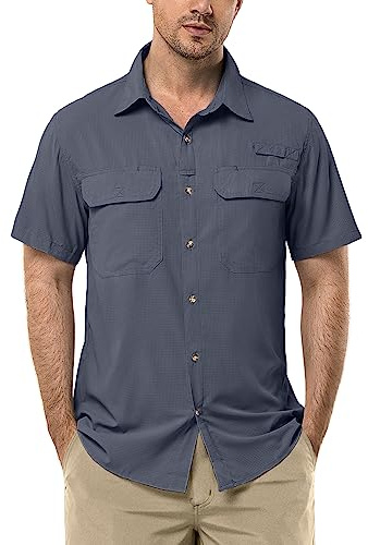 33,000ft Men's UPF 50+ UV Protection Short Sleeved Shirts Quick Dry Button Down Shirts Cooling Hiking Shirt for Travel Safari Fishing Navy Blue XL