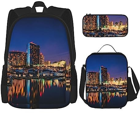 OPSREY Portland At Night Rucksack mit großem Fassungsvermögen, Tagesrucksack mit Lunchtasche und Federmäppchen, 3-in-1 für Damen und Herren, Schwarz, Einheitsgröße, Schwarz , Einheitsgröße