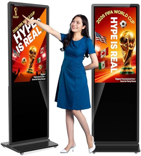 YCKJNB 43 Digital Signage Display, Freestanding Advertising Player with 4 Wheels, 450 Nits FHD LCD Commercial Digital Kiosk Poster, WiFi/HDMI/USB, Android OS, Ideal for Retail Restaurants & Malls