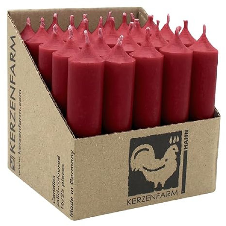 luterna Stabkerzen aus Paraffin, 100/22 mm, Dunkelrot, KERZENFARM HAHN, Brenndauer ca. 4h, 25 Stück pro Verpackung