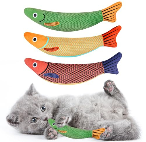 jiuhao Lot de 3 jouets interactifs en forme de poisson à herbe à chat pour chat d'intérieur avec clochette – Coussin de nettoyage résistant aux morsures pour chaton