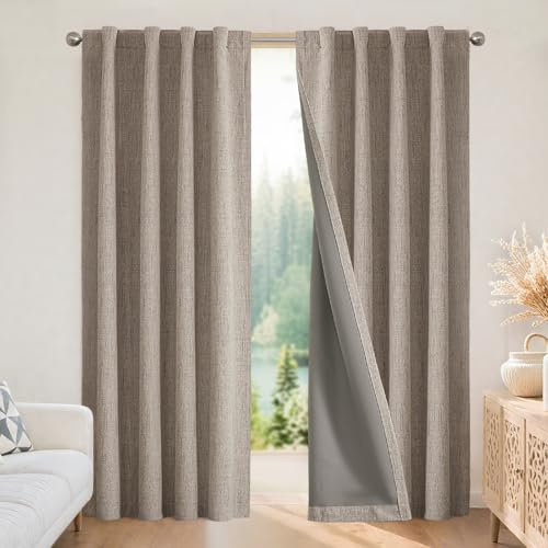 Joydeco 100% Blickdichte Vorhänge mit Schlaufen Verdeckten Leinenoptik, Verdunkelungsvorhang Stangendurchzug Gardinen Thermovorhang Leinen Hitzeschutz für Wohnzimmer