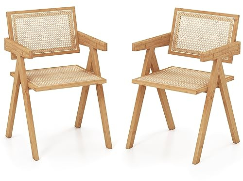 COSTWAY Esszimmerstühle 2er Set, Küchenstühle Rattan, Holzstühle aus Bambus, Esstisch Stühle mit Armlehnen, Essstühle für Esszimmer, Küche, Natur