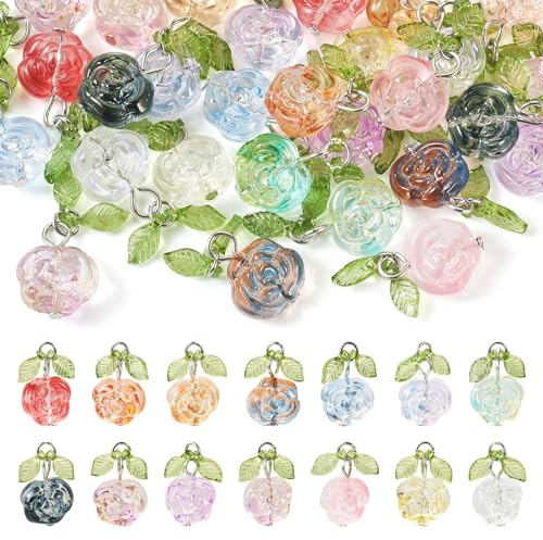 Crafans 28Pcs Flower Glass Charms Crystal Rose Charms with Leaf Clear 14 Colors Transparent Rose Pendants Flowers Dangle Charm for DIY Necklace Earring Spring Theme Jewelry Making