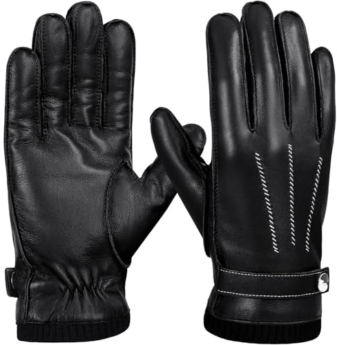 GSG SINCE 1998 Chromfrei Lederhandschuhe Herren Winter | Fahrhandschuhe mit warmer Wollfütterung Touchscreen Lammfell handschuhe