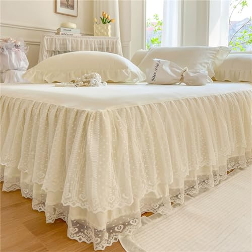 Odot Beige Betthusse 180x220 Bettrock, Weiß Spitzenkante Design Bettvolants mit Rüschen - 40 cm Rock, Baumwolle Bed Skirt mit Gürtel Matratzenschoner