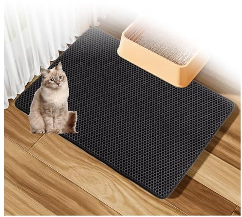 Katzenstreu Matte Katzenmatte,Waben Doppelschicht Design, Katzentoilette Vorleger Urin-und Wasserdichtes Material,Easy Clean Streukontrolle, Katzenstreu Teppich,Black-M