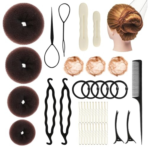 jwogngls Donut Hair Bun Maker Set, 39 Stück Frisurenhilfe Set, Haarstyling Duttkissen,Frisuren Zubehör mit Duttmatte, Haarknotenmacher, Haarnetz, Elastischen Haarband, Haarnadeln für Damen