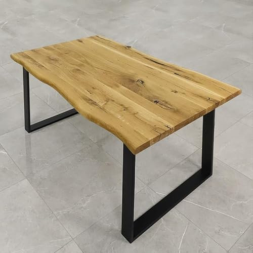 SEART Esszimmertisch LIVE Edge, massiver Esstisch aus Eichenholz, Baumkantentisch, Metallbeine Schwarz (80x160 cm, Naturöl)