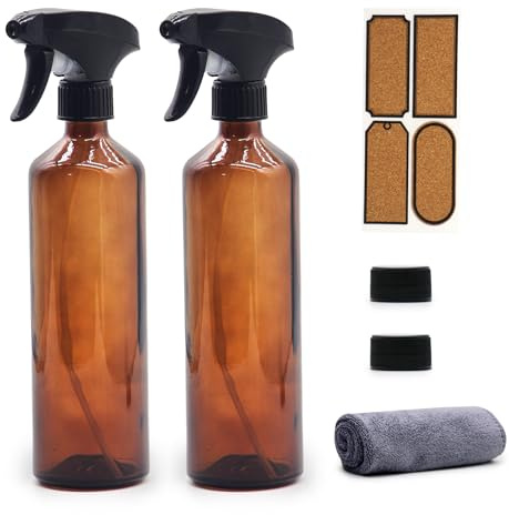 OFFIDIX Glas-Sprühflaschen, 2 Stück, Braunglas-Bewässerungssprühflaschen, Handdrucksprühflaschen, nachfüllbare leere Flaschen mit verstellbarer Düse für Reinigung, Gartenarbeit