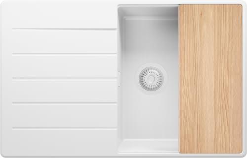 PRIMAGRAN Evier Cuisine en Granit au Meuble 50cm + Kit de Vidage, 78x50cm | Set: Kit de Vidage (Siphon, bonde d’évacuation, trop-plein) + Planche à Découper + Lavabo 1 Bac - Copenhague Top, Tout Blanc