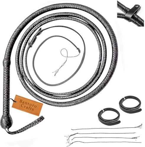 Bantoro Crafts Nero Frusta in Pelle di Canguro Bullwhip16 Trecce Fili Pelle Intrecciata Frusta Che schiocca Forte (8 Piedi (2,4 Metri))