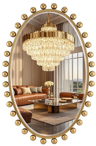 CAVINHOME 24x36Oval Wall Mounted Bathroom Mirror with Beveled Glass, Antique Gold Beaded Ball Frame, Vertical & Horizontal Hanging Vanity Wall Mirror for Bathroom, Bedroom, Entryway, Dressing Room