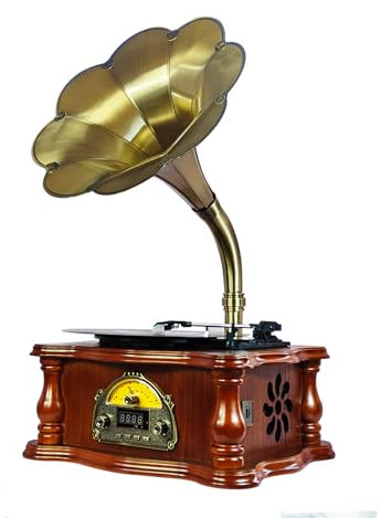 Retro Phonograph Gramophone Turntables, Vintage 3-speed Vinyl Record Player Bluetooth, Wooden Antique All One Gramophone Record Players with USB Input/FM/AUX Output, Stereo Music Players Audio Gift