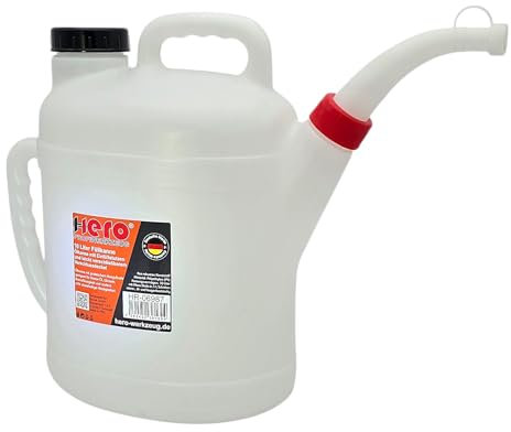 HERO Füllkanne Messkanne 10 Liter Ölkanne Messbecher mit flexiblem Ausgussstutzen und Deckel Kanister Wasserkanne Auto Ölwechsel Kunststoff Ausgießer KFZ Werkstatt Kanne Werkstattzubehör Öl