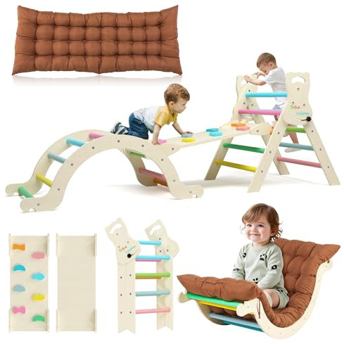 Yrthe Voitom Klettergerüst Indoor Geschenke Junge Mädchen, Montessori Spielzeug ab 1.5 2 3 4 + Jahre, Upgrade 7-in-1 Kletterdreieck mit Rutsche, Kletterbogen, Kissen, Kletterwand, Regenbogen